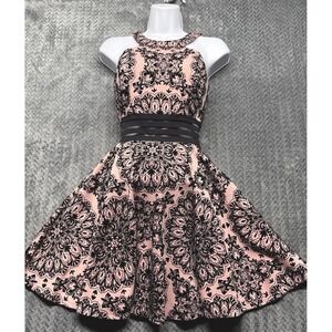 City Studio‎ Pink Black Damask Fit & Flare Dress Junior 3 Sleeveless Cocktail